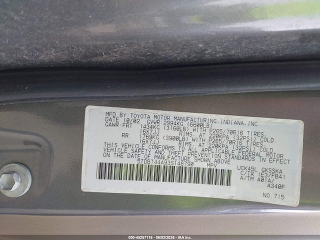 45257116 :رقم المزاد ، 5TDBT44A93S148790 vin ، 2003 Toyota Sequoia Sr5 V8 مزاد بيع