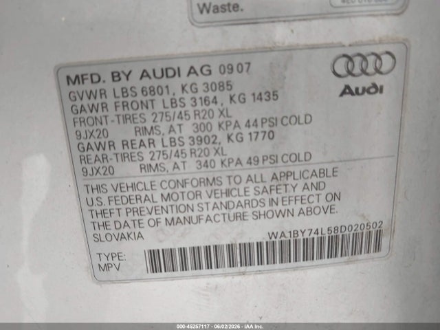 Продаж на аукціоні авто 2008 Audi Q7 3.6 Premium, vin: WA1BY74L58D020502, номер лоту: 45257117