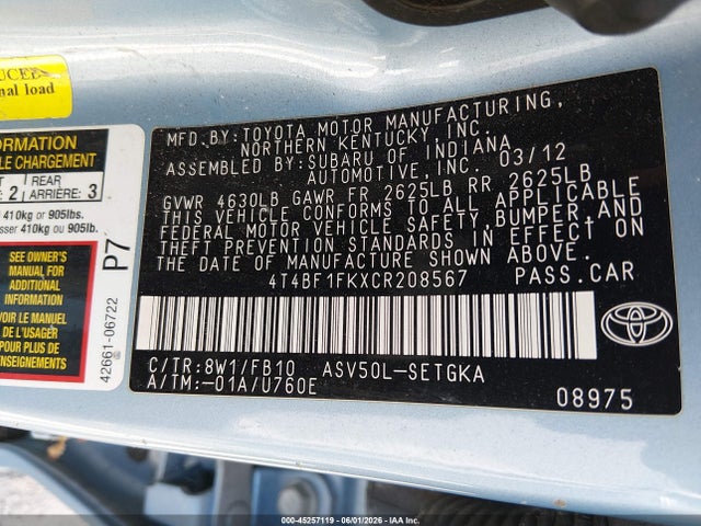 Продажа на аукционе авто 2012 Toyota Camry Xle, vin: 4T4BF1FKXCR208567, номер лота: 45257119