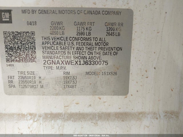 2018 Chevrolet Equinox Premier მანქანა იყიდება აუქციონზე, vin: 2GNAXWEX1J6330075, აუქციონის ნომერი: 45257126