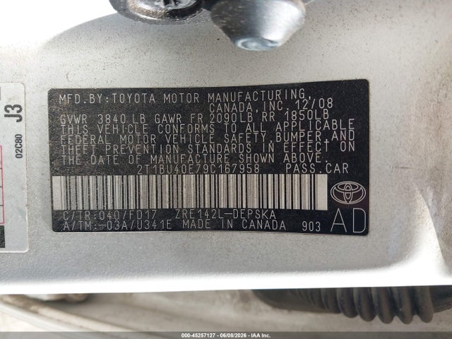 Aukcja sprzedaży 2009 Toyota Corolla S, vin: 2T1BU40E79C167958, numer aukcji: 45257127