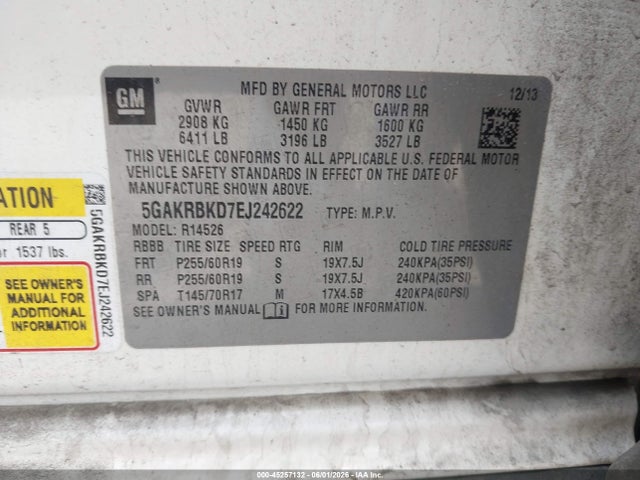 45257132 :رقم المزاد ، 5GAKRBKD7EJ242622 vin ، 2014 Buick Enclave Leather مزاد بيع
