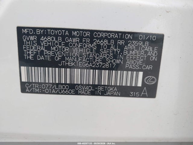 Продажа на аукционе авто 2010 Lexus Es 350, vin: JTHBK1EG6A2372817, номер лота: 45257133