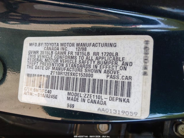 45257144 :رقم المزاد ، 2T1BR12E9XC153800 vin ، 1999 Toyota Corolla Le مزاد بيع