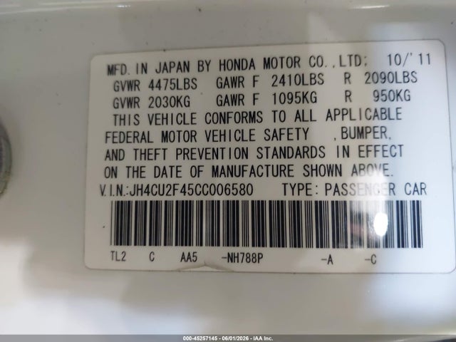 Aukcja sprzedaży 2012 Acura Tsx 2.4, vin: JH4CU2F45CC006580, numer aukcji: 45257145