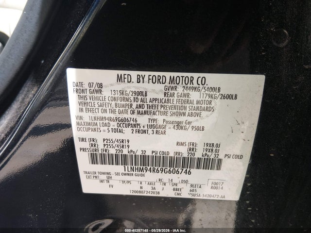Продажа на аукционе авто 2009 Lincoln Mks, vin: 1LNHM94R69G606746, номер лота: 45257148