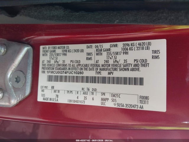 2015 Ford Escape Se მანქანა იყიდება აუქციონზე, vin: 1FMCU0G74FUC10280, აუქციონის ნომერი: 45257162