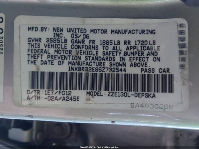 Продаж на аукціоні авто 2006 Toyota Corolla S, vin: 1NXBR32E86Z732544, номер лоту: 45257174