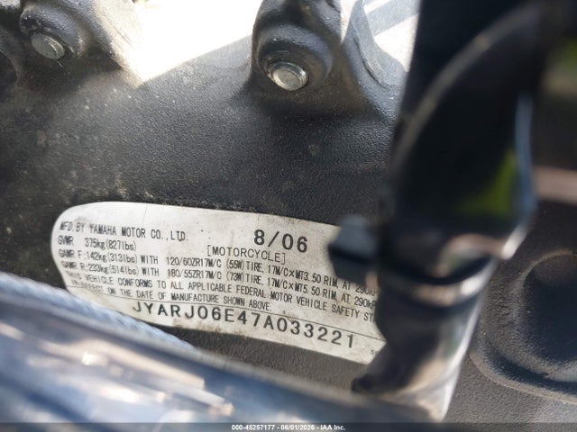 Продаж на аукціоні авто 2007 Yamaha Yzfr6 S, vin: JYARJ06E47A033221, номер лоту: 45257177