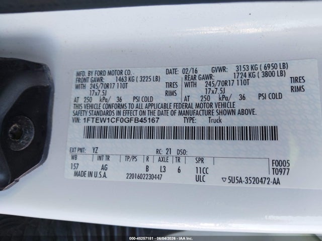 Продажа на аукционе авто 2016 Ford F-150 Xl, vin: 1FTEW1CF0GFB45167, номер лота: 45257181