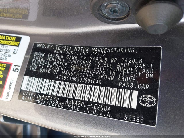 45257184 :رقم المزاد ، 4T1B11HK3JU504646 vin ، 2018 Toyota Camry Le مزاد بيع