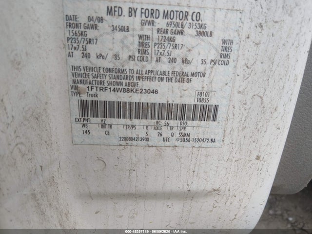 Aukcja sprzedaży 2008 Ford F-150 Stx/xl/xlt, vin: 1FTRF14W88KE23046, numer aukcji: 45257189