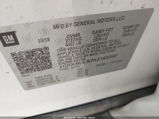 45257191 :رقم المزاد ، 1GKKNULS7KZ163360 vin ، 2019 Gmc Acadia Slt-1 مزاد بيع