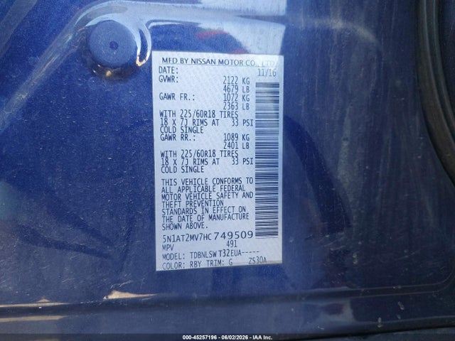 5N1AT2MV7HC749509 Nissan Rogue Sl
