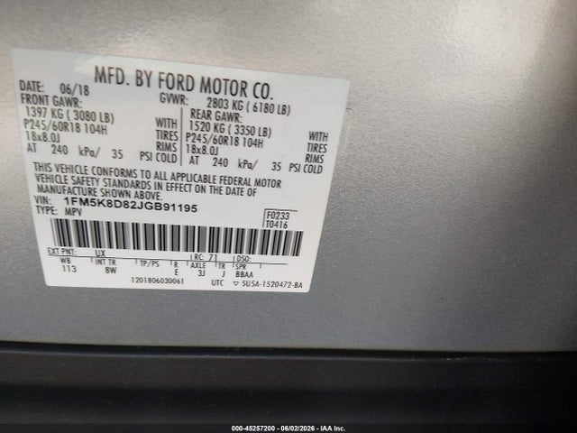 2018 Ford Explorer Xlt მანქანა იყიდება აუქციონზე, vin: 1FM5K8D82JGB91195, აუქციონის ნომერი: 45257200