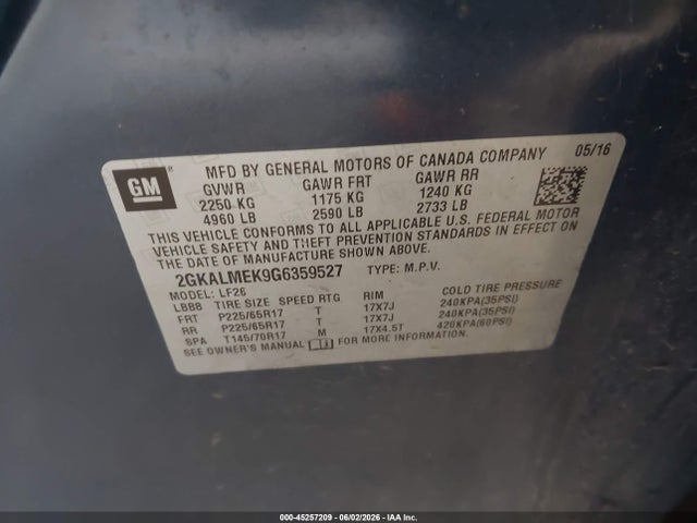 45257209 :رقم المزاد ، 2GKALMEK9G6359527 vin ، 2016 Gmc Terrain Sle-1 مزاد بيع