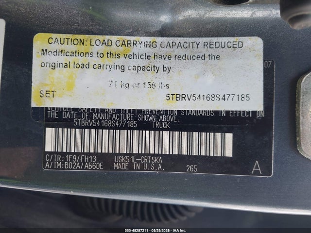 45257211 :رقم المزاد ، 5TBRV54168S477185 vin ، 2008 Toyota Tundra Sr5 5.7l V8 مزاد بيع