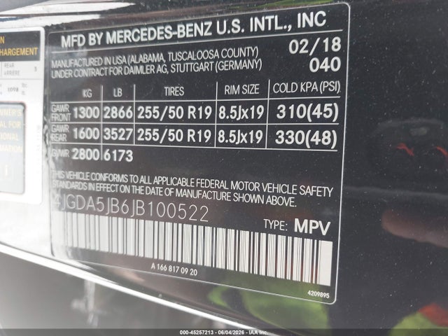 Продаж на аукціоні авто 2018 Mercedes-benz Gle 350, vin: 4JGDA5JB6JB100522, номер лоту: 45257213