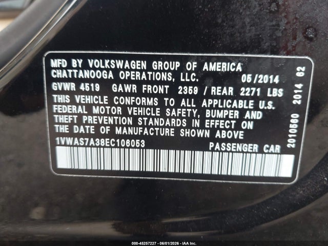 Продаж на аукціоні авто 2014 Volkswagen Passat 1.8t Wolfsburg Edition, vin: 1VWAS7A38EC106053, номер лоту: 45257227