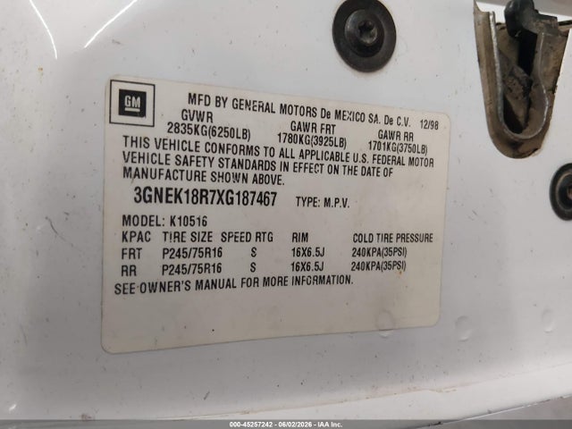 Продажа на аукционе авто 1999 Chevrolet Tahoe, vin: 3GNEK18R7XG187467, номер лота: 45257242