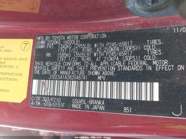 45257245 :رقم المزاد ، JTEES41A282048741 vin ، 2008 Toyota Highlander مزاد بيع