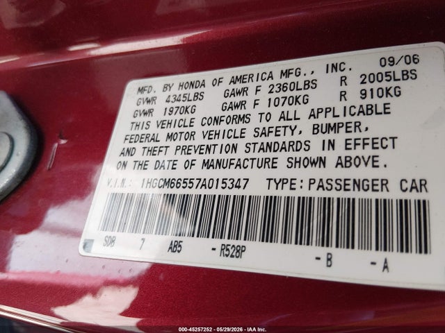 45257252 :رقم المزاد ، 1HGCM66557A015347 vin ، 2007 Honda Accord 3.0 Ex مزاد بيع