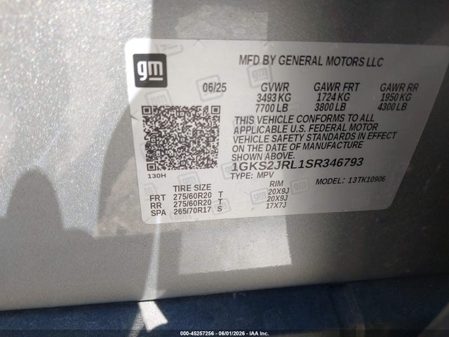 45257256 :رقم المزاد ، 1GKS2JRL1SR346793 vin ، 2025 Gmc Yukon Xl 4wd Denali مزاد بيع