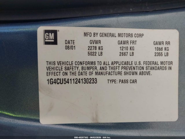 45257302 :رقم المزاد ، 1G4CU541124130233 vin ، 2002 Buick Park Avenue Ultra مزاد بيع