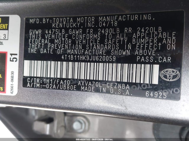 2018 Toyota Camry Le მანქანა იყიდება აუქციონზე, vin: 4T1B11HK9JU620059, აუქციონის ნომერი: 45257332