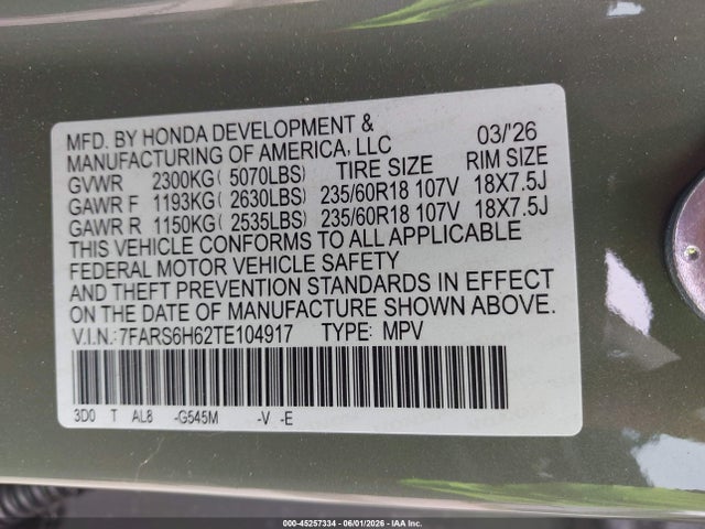 7FARS6H62TE104917 Honda Cr-v Hybrid Awd Trailsport