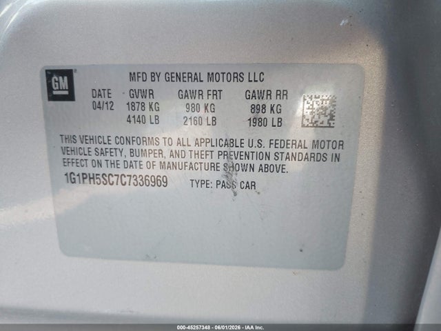 Aukcja sprzedaży 2012 Chevrolet Cruze Ltz, vin: 1G1PH5SC7C7336969, numer aukcji: 45257348