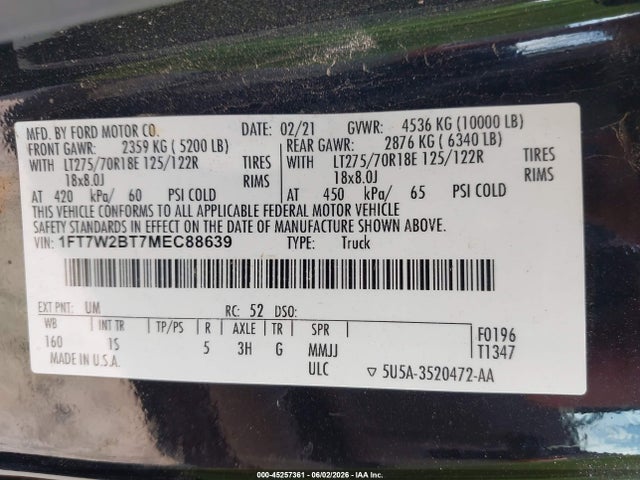 Продаж на аукціоні авто 2021 Ford F-250 Xl, vin: 1FT7W2BT7MEC88639, номер лоту: 45257361