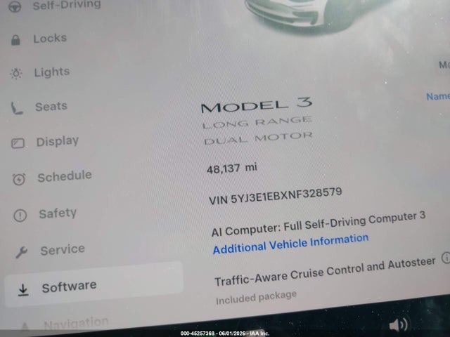 45257368 :رقم المزاد ، 5YJ3E1EBXNF328579 vin ، 2022 Tesla Model 3 Long Range Dual Motor All-wheel Drive مزاد بيع