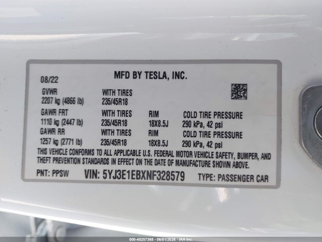 45257368 :رقم المزاد ، 5YJ3E1EBXNF328579 vin ، 2022 Tesla Model 3 Long Range Dual Motor All-wheel Drive مزاد بيع