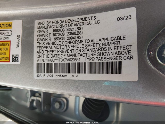 45257392 :رقم المزاد ، 1HGCY1F3XPA020551 vin ، 2023 Honda Accord Ex مزاد بيع