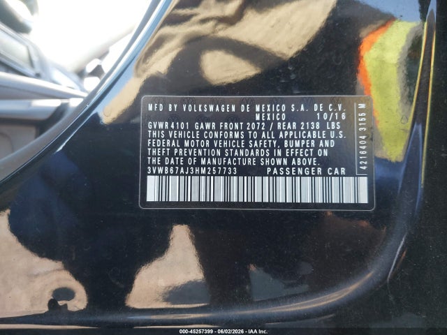 2017 Volkswagen Jetta 1.4t Se მანქანა იყიდება აუქციონზე, vin: 3VWB67AJ3HM257733, აუქციონის ნომერი: 45257399