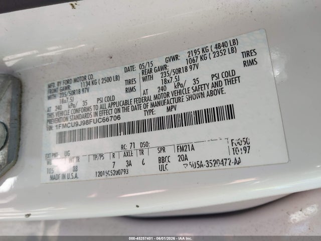 Aukcja sprzedaży 2015 Ford Escape Titanium, vin: 1FMCU9J98FUC66706, numer aukcji: 45257401