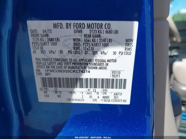Aukcja sprzedaży 2012 Ford Escape Xlt, vin: 1FMCU9DG3CKC74214, numer aukcji: 45257407