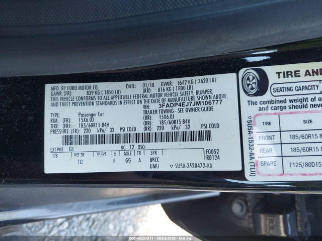 Aukcja sprzedaży 2018 Ford Fiesta Se, vin: 3FADP4EJ7JM106777, numer aukcji: 45257411