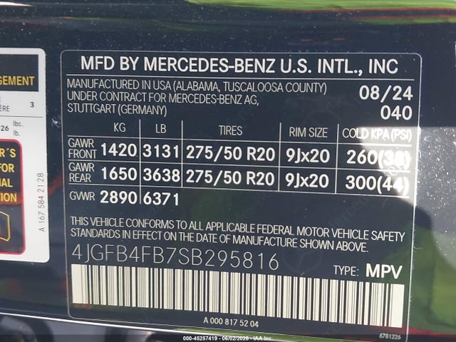 45257419 :رقم المزاد ، 4JGFB4FB7SB295816 vin ، 2025 Mercedes-benz Gle 350 4matic مزاد بيع