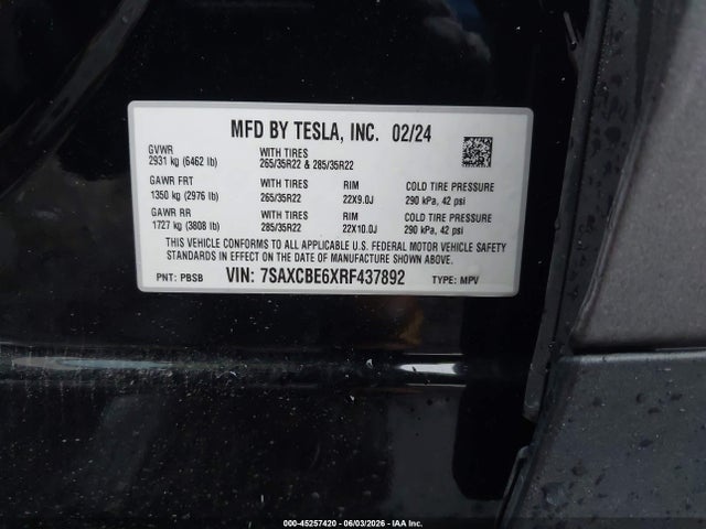 Продаж на аукціоні авто 2024 Tesla Model X Plaid Tri Motor All-wheel Drive, vin: 7SAXCBE6XRF437892, номер лоту: 45257420