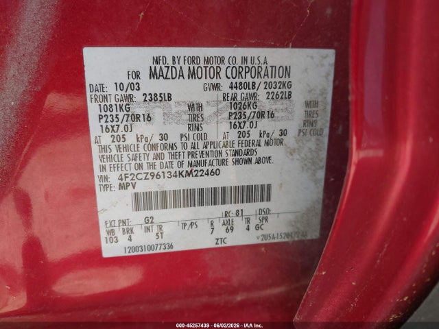 Продаж на аукціоні авто 2004 Mazda Tribute Es V6, vin: 4F2CZ96134KM22460, номер лоту: 45257439