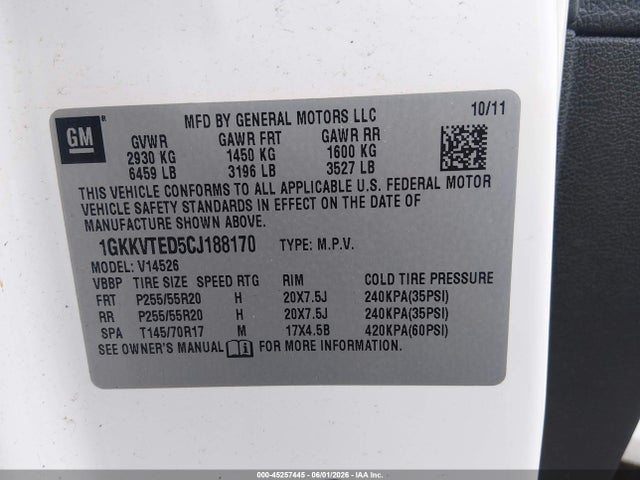 Продаж на аукціоні авто 2012 Gmc Acadia Denali, vin: 1GKKVTED5CJ188170, номер лоту: 45257445
