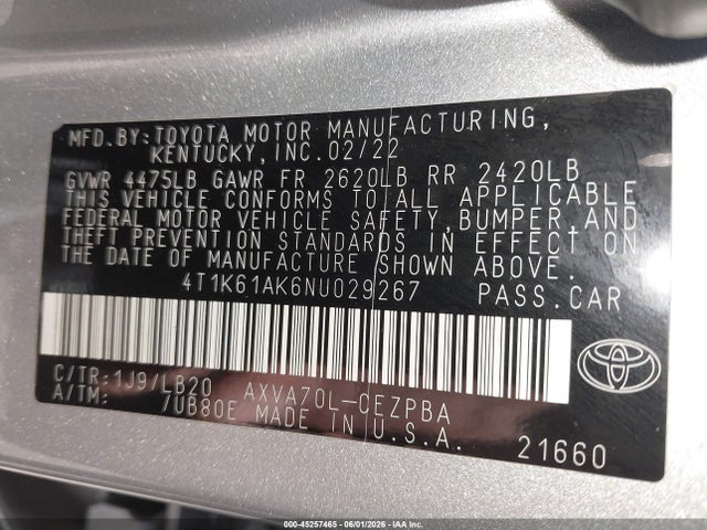 Продаж на аукціоні авто 2022 Toyota Camry Xse, vin: 4T1K61AK6NU029267, номер лоту: 45257465