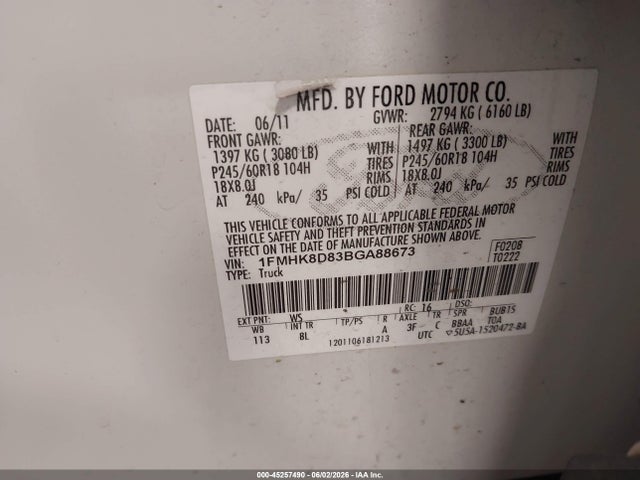 45257490 :رقم المزاد ، 1FMHK8D83BGA88673 vin ، 2011 Ford Explorer Xlt مزاد بيع