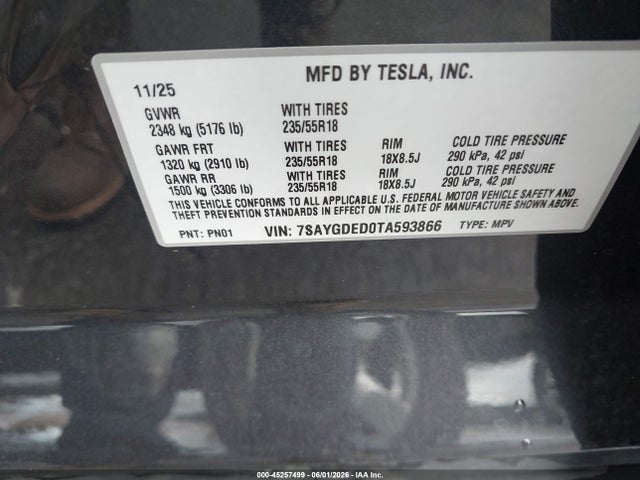2026 Tesla Model Y Premium Rear-wheel Drive/rear-wheel Drive მანქანა იყიდება აუქციონზე, vin: 7SAYGDED0TA593866, აუქციონის ნომერი: 45257499