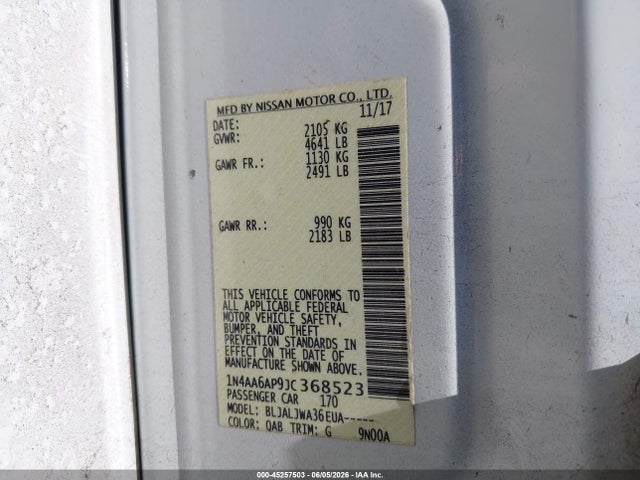 Aukcja sprzedaży 2018 Nissan Maxima 3.5 Sv, vin: 1N4AA6AP9JC368523, numer aukcji: 45257503