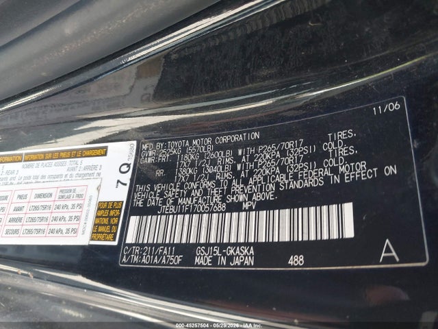 2007 Toyota Fj Cruiser მანქანა იყიდება აუქციონზე, vin: JTEBU11F170057688, აუქციონის ნომერი: 45257504