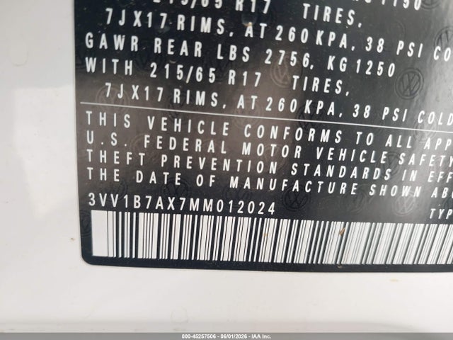 45257506 :رقم المزاد ، 3VV1B7AX7MM012024 vin ، 2021 Volkswagen Tiguan 2.0t S مزاد بيع