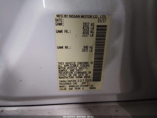 Aukcja sprzedaży 2017 Nissan Altima 2.5 S, vin: 1N4AL3AP2HC227750, numer aukcji: 45257515